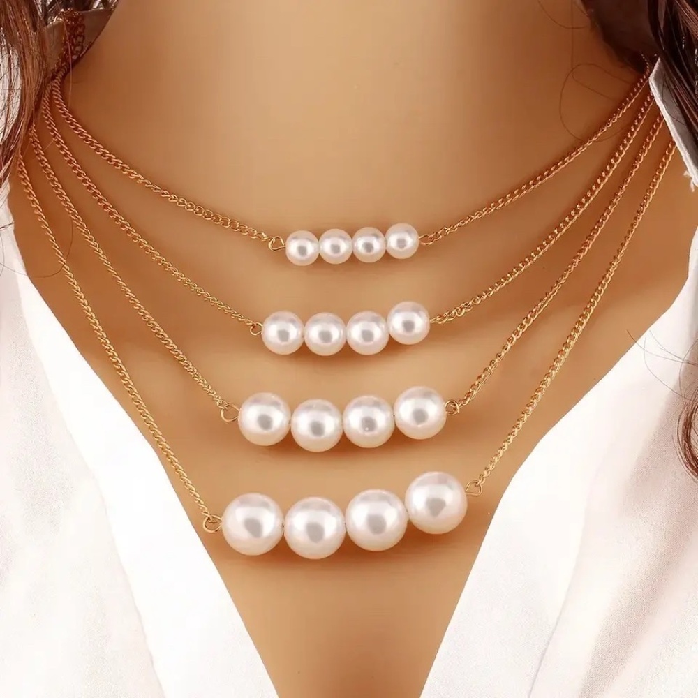 NEW Multilayered Gold Strand Chic Pearl Fashion Necklace
